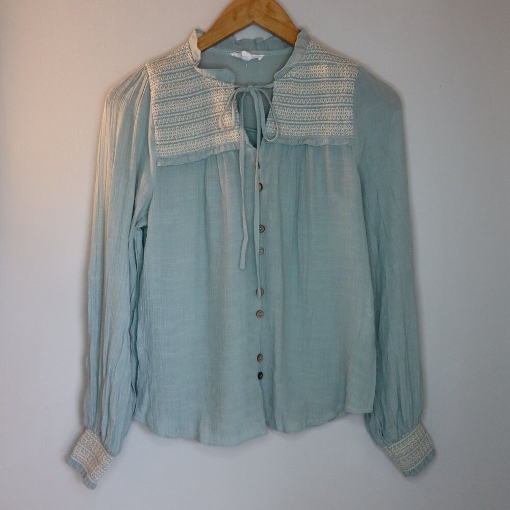 By The River Blouse Womens S Blue Long Sleeve Embroidered Textured Boho